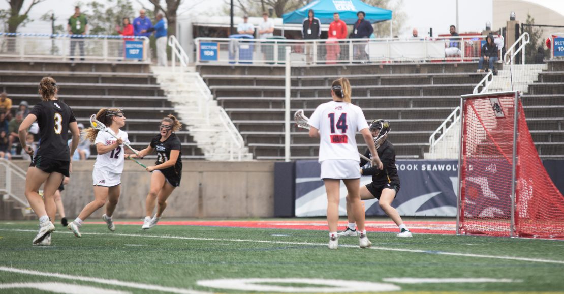 Midfielder Ellie Masera (left) prepares to shoot against William & Mary on Saturday, April 15 while attacker Kailyn Hart (right) looks on. Both players recorded a hat trick in the Stony Brook womens lacrosse teams opening-round win over Penn State. BRITTNEY DIETZ/THE STATESMAN