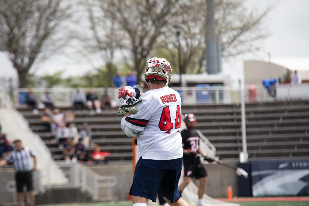 Attackman Jonathan Huber reaches back to take a shot against Fairfield on Saturday, April 22. Huber scored five goals to lead the Stony Brook mens lacrosse team past Drexel in the CAA semifinals on Thursday night. BRITTNEY DIETZ/THE STATESMAN