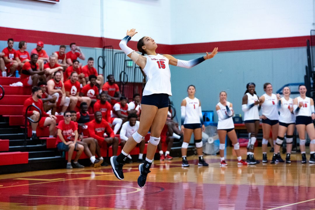 Outside Hitter Kali Moore serves the ball in a game in 2022. Moore won the 2022 CAA Rookie of the Year with Stony Brook and is looking for an even bigger 2023. PHOTO COURTESY OF STONY BROOK ATHLETICS