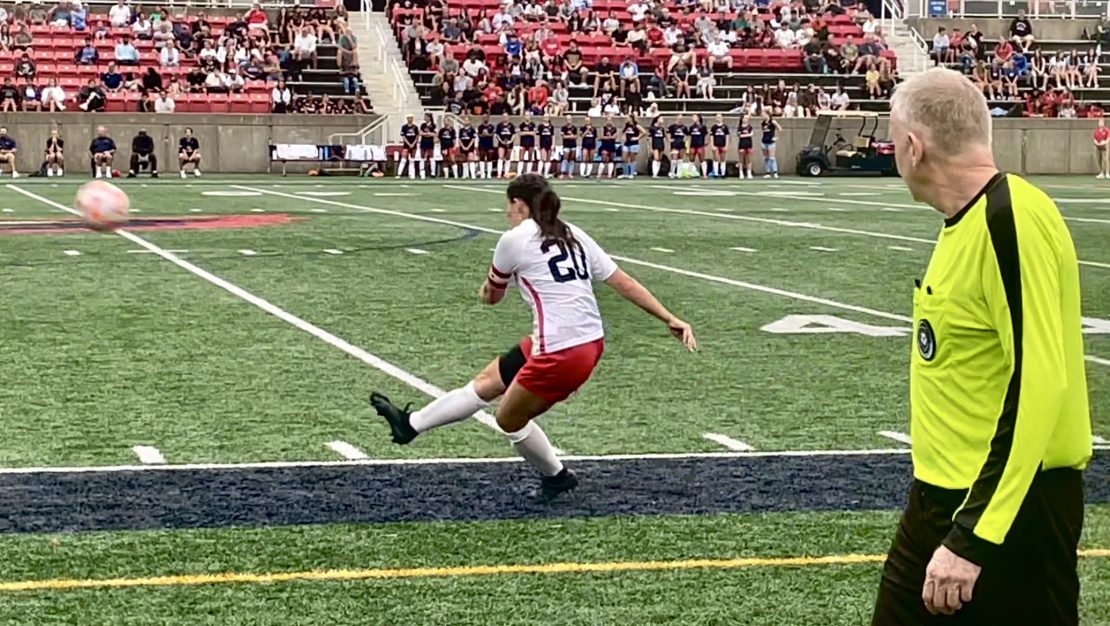 Defender Kerry Pearson launches a free kick in a match against UMass on Thursday, Aug. 17. Pearsons strong defensive performance led the Stony Brook womens soccer team to its first win of the year on Thursday. MIKE ANDERSON/THE STATESMAN