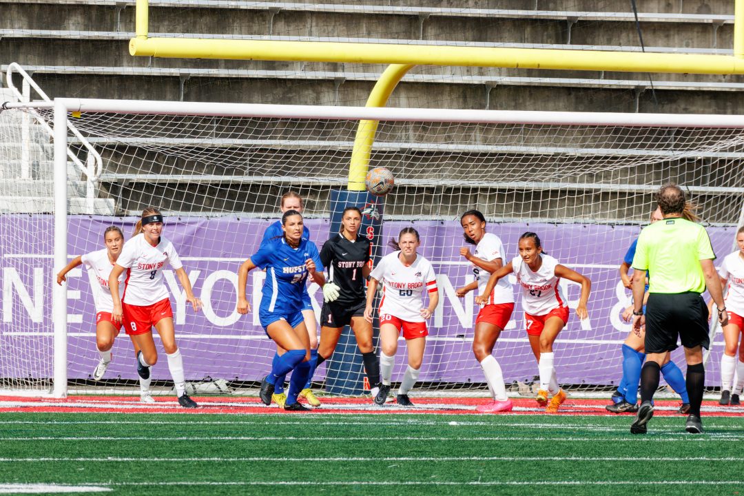The Stony Brook womens soccer teams defense clears the ball from the box against Hofstra on Sunday, Sept. 17. The Seawolves defense will be key in their match with Towson on Thursday. STANLEY ZHENG/THE STATESMAN