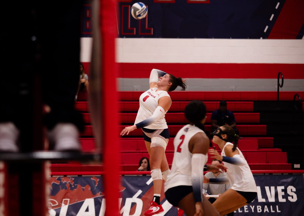 Middle blocker Abby Campbell leaps to spike the ball against Northeastern on Saturday, Sept. 16. Campbell leads the Stony Brook womens volleyball team in blocks and hitting percentage this season. BRITTNEY DIETZ/THE STATESMAN