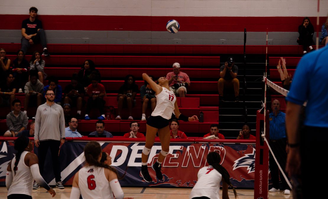 Outside hitter Leoni Kunz leaps up to attempt a kill against Northeastern on Saturday, Sept. 16. Kunz led the Stony Brook womens volleyball team with 34 kills and 37 points this weekend. BRITTNEY DIETZ/THE STATESMAN