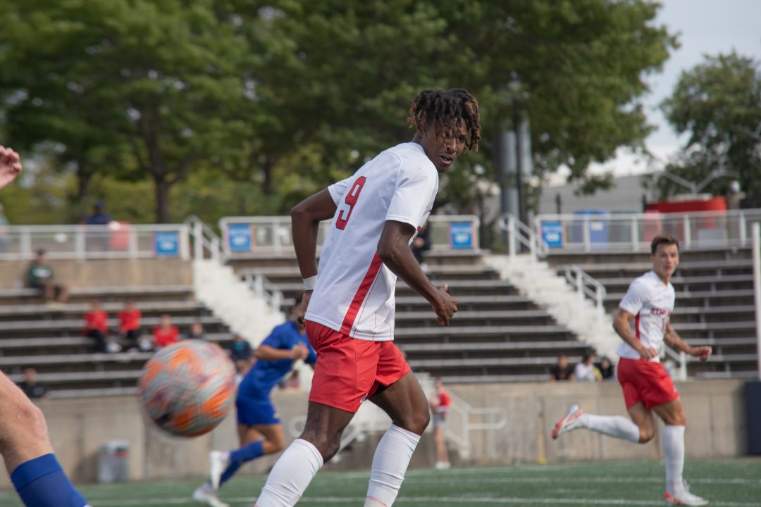 Forwards Olsen Aluc (foreground) and Jonas Bickus (background) hustle back on defense against Delaware on Saturday, Sept. 16. Aluc and Bickus co-lead the Stony Brook mens soccer team with three goals each. TIM GIORLANDO/THE STATESMAN