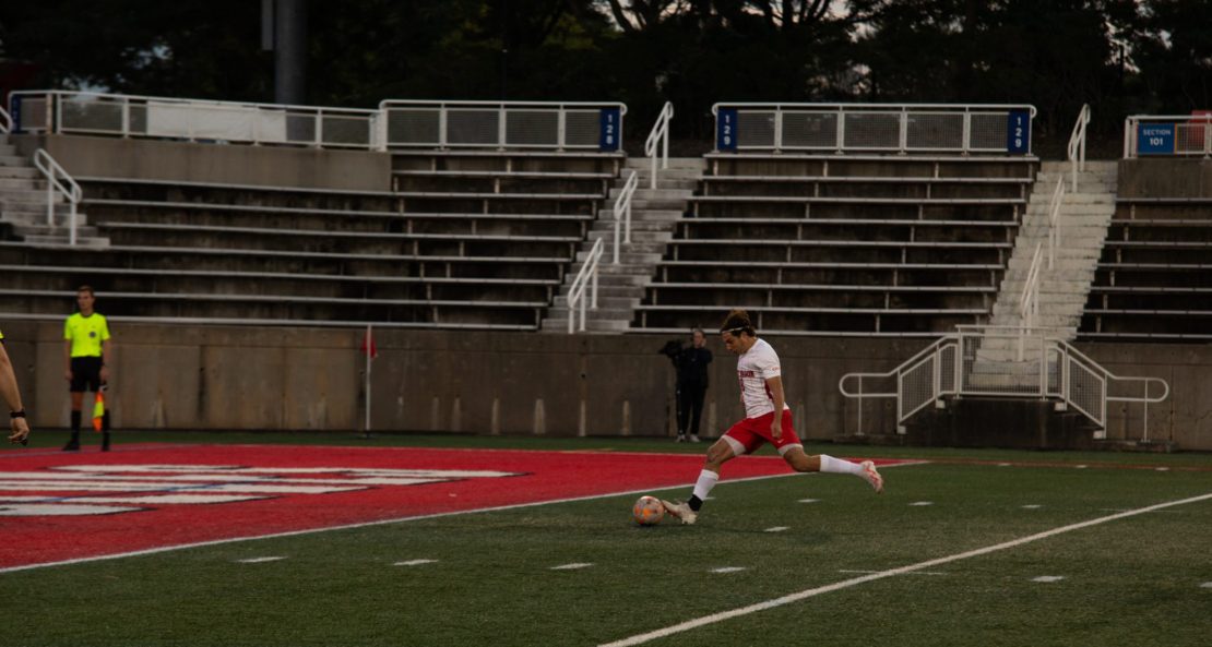 Midfielder Trevor Harrison attempts a penalty kick against St. Josephs on Tuesday, Sept. 26. Harrison led the Stony Brook mens soccer team with two goals, tying a career high. BRITTNEY DIETZ/THE STATESMAN