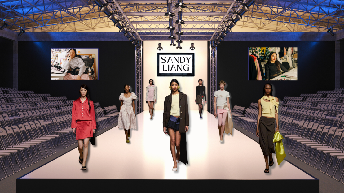 A graphic showing some of fashion designer, Sandy Liangs pieces on a runway. ILLUSTRATED BY JERRY WEINTRAUB/THE STATESMAN
