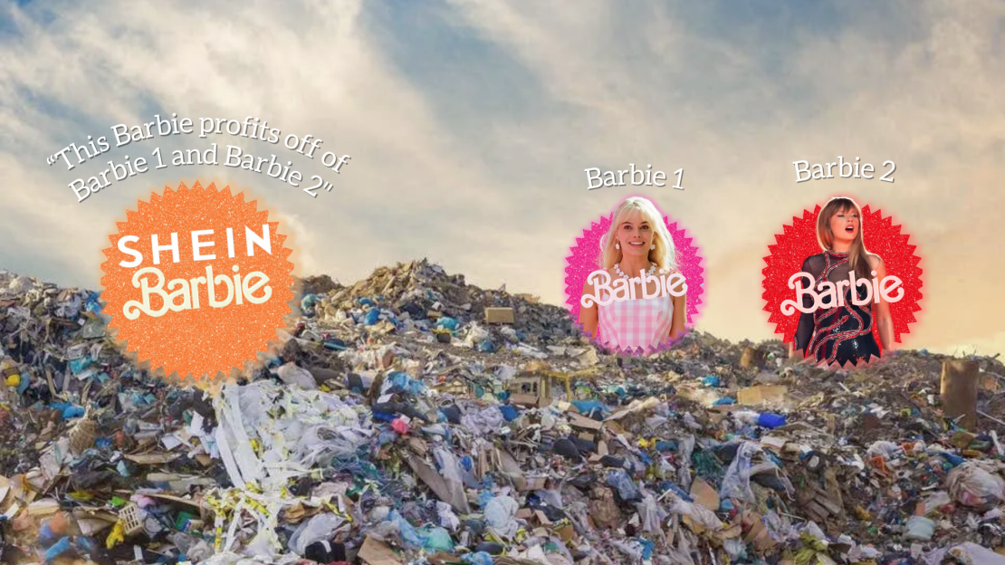 A graphic showing the clothing brand Shein contributing to the waste of fast fashion from the Barbie movie and Taylor Swifts Eras tour. ILLUSTRATED BY JERRY WEINTRAUB/THE STATESMAN
 