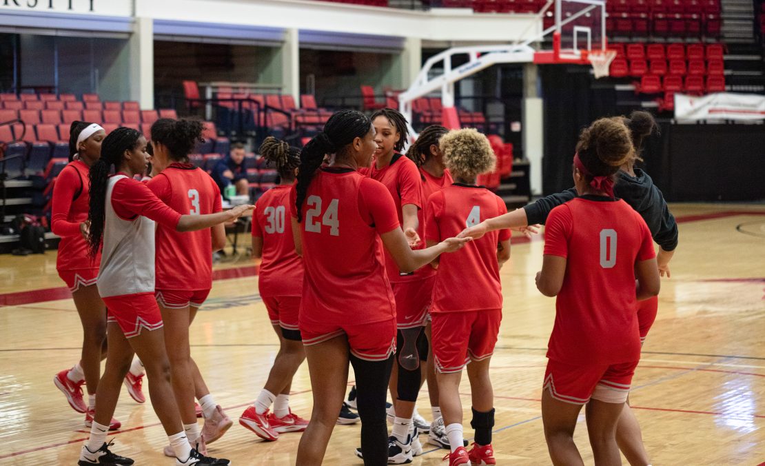 The Stony Brook womens basketball team celebrates the end of practice on Sunday, Oct. 22. The Seawolves are picked to finish in second place in the Coastal Athletic Association this year. BRITTNEY DIETZ/THE STATESMAN