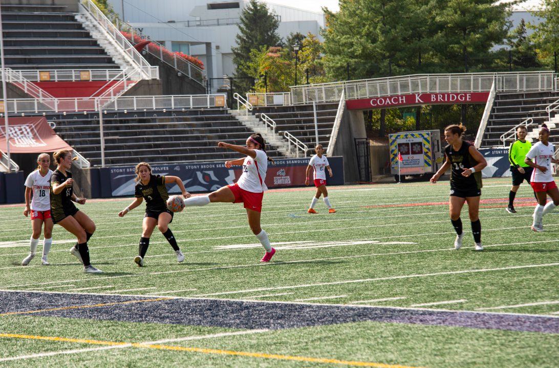 Forward Luciana Setteducate intercepts a pass against William & Mary on Sunday, Oct. 1. Setteducate is one of the Stony Brook womens soccer teams leading facilitators on offense. MACKENZIE YADDAW/THE STATESMAN