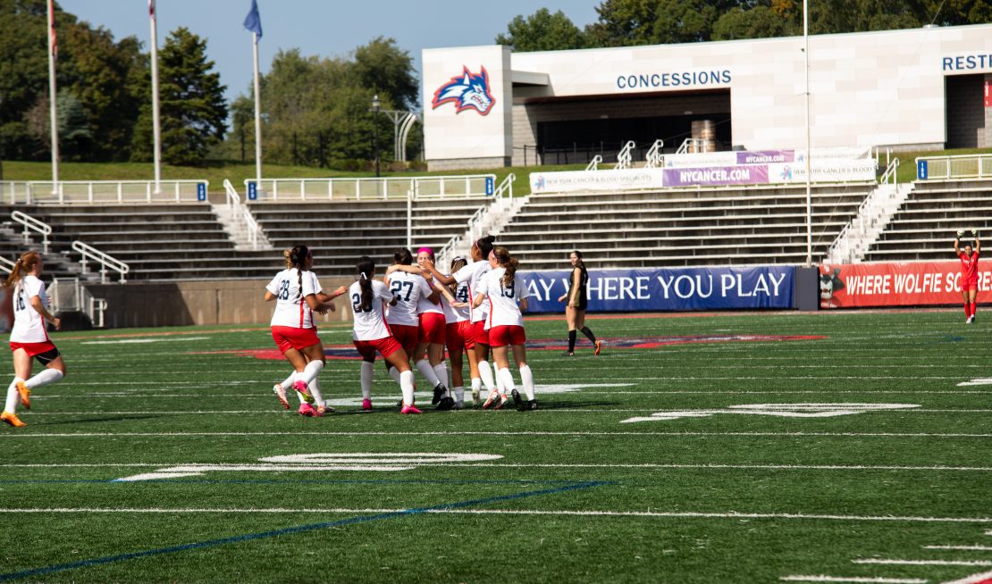 The Stony Brook womens soccer team celebrates a goal against William & Mary on Sunday, Oct. 1. The Seawolves have a must-win game at Charleston tomorrow. MACKENZIE YADDAW/THE STATESMAN