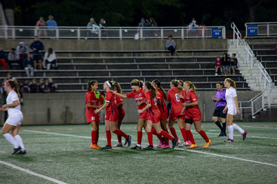 The Stony Brook womens soccer team celebrates defender Kerry Pearsons goal against Drexel on Thursday, Oct. 12. The Seawolves have to beat Elon on Sunday to stay alive in the playoff hunt. BRITTNEY DIETZ/THE STATESMAN