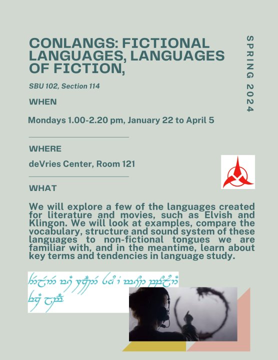 An official flyer for Stony Brook Universitys Department of Modern Languages new course which will be available for the spring 24 semester, Conlangs: Fictional Languages, Languages of Fiction, inviting students to explore fictional languages from books and films. PHOTO COURTESY ELENA DAVIDIAK