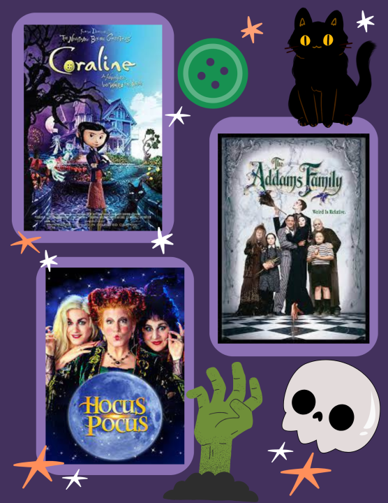 A Halloween graphic showing the films Coraline (top left), The Addams Family (middle) and Hocus Pocus (bottom left). ILLUSTRATED BY ANGELINA LIVIGNI/THE STATESMAN