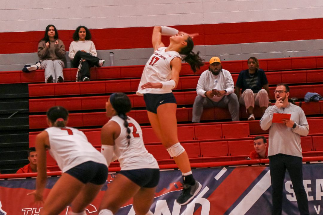 Outside hitter Leoni Kunz leaps to attempt an attack against North Carolina A&T on Saturday, Sept. 30. Kunz led the Stony Brook womens volleyball team with 38 points over the weekend. TIM GIORLANDO/THE STATESMAN