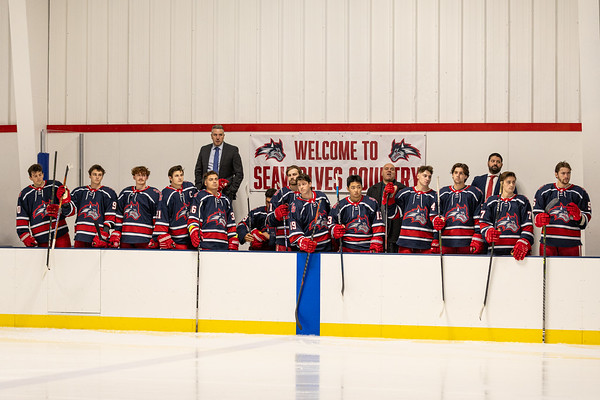 The Stony Brook hockey team on the sidelines at The Rinx on Sunday, Oct. 8. The Seawolves will open their league season this weekend at Niagara. PHOTO COURTESY OF AZTEKPHOTOS
