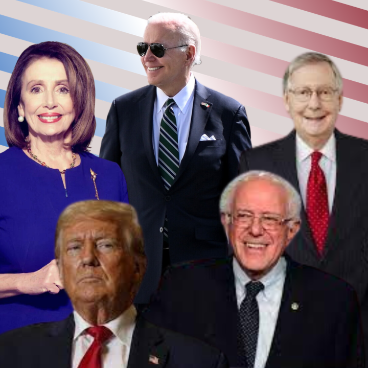 A graphic depicting Nancy Pelosi, Joseph Biden, Donald Trump, Bernie Sanders, and Mitch McConnel. Many Americans are weighing the potential benefits and drawbacks of implementing age limits and competency tests for elected government officials. ILLUSTRATED BY MACKENZIE YADDAW/THE STATESMAN