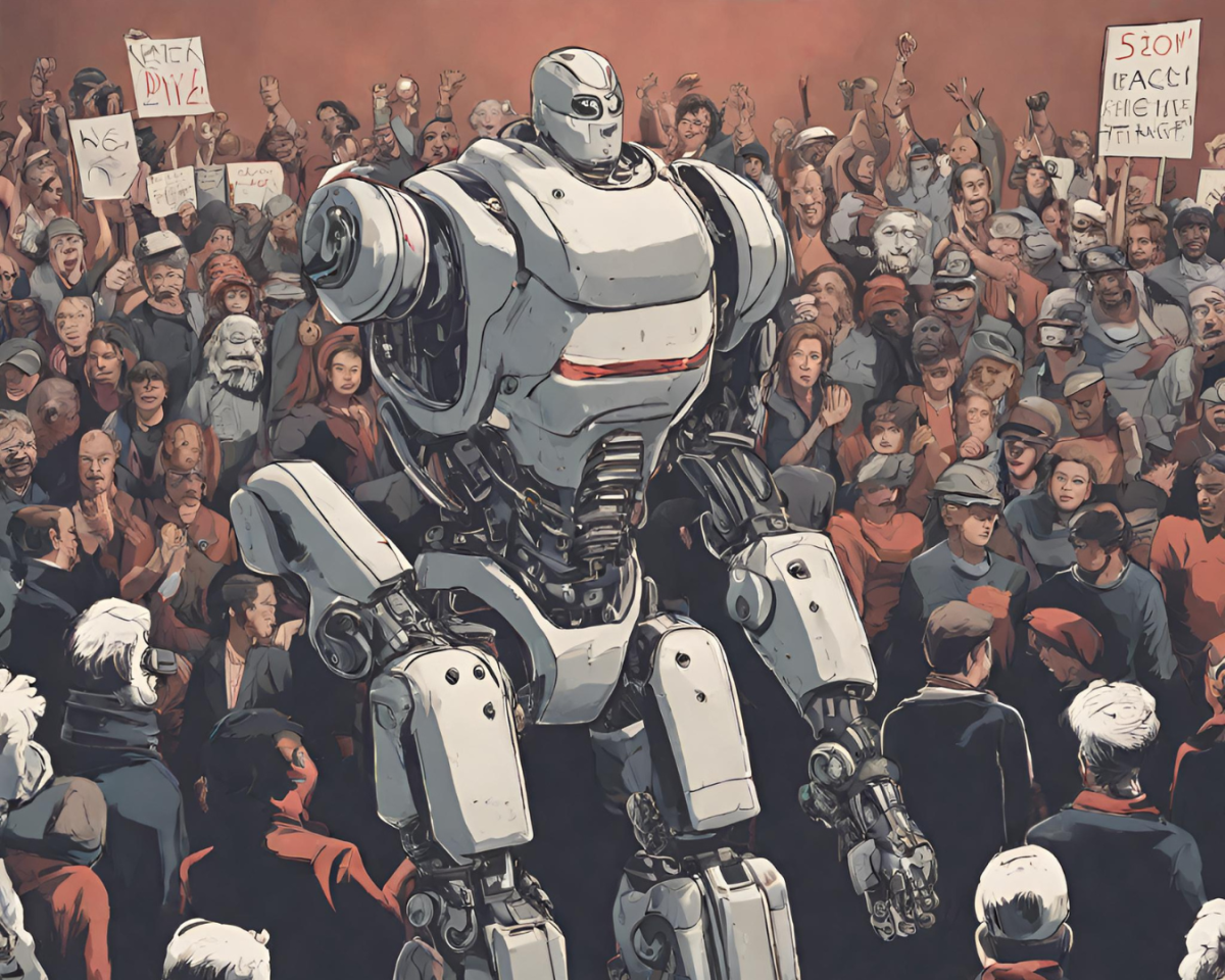 An AI generated artwork depicting a fascist robot leader in front of an angry crowd of protestors. BRITTNEY DIETZ/THE STATESMAN