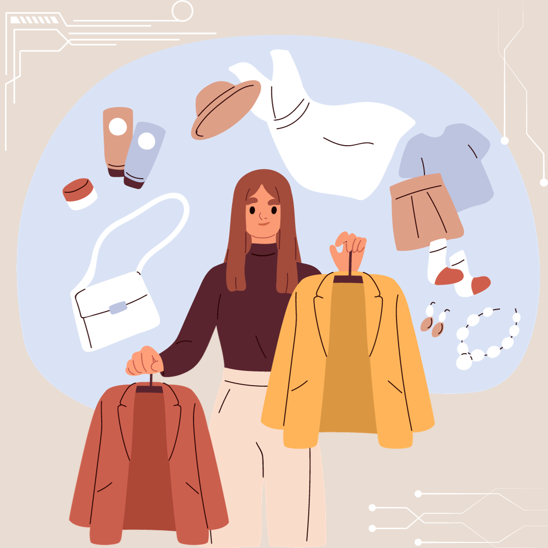 A graphic showing a woman surrounded by clothing and accessories with circuit board elements. ILLUSTRATED BY BRITTNEY DIETZ/THE STATESMAN 