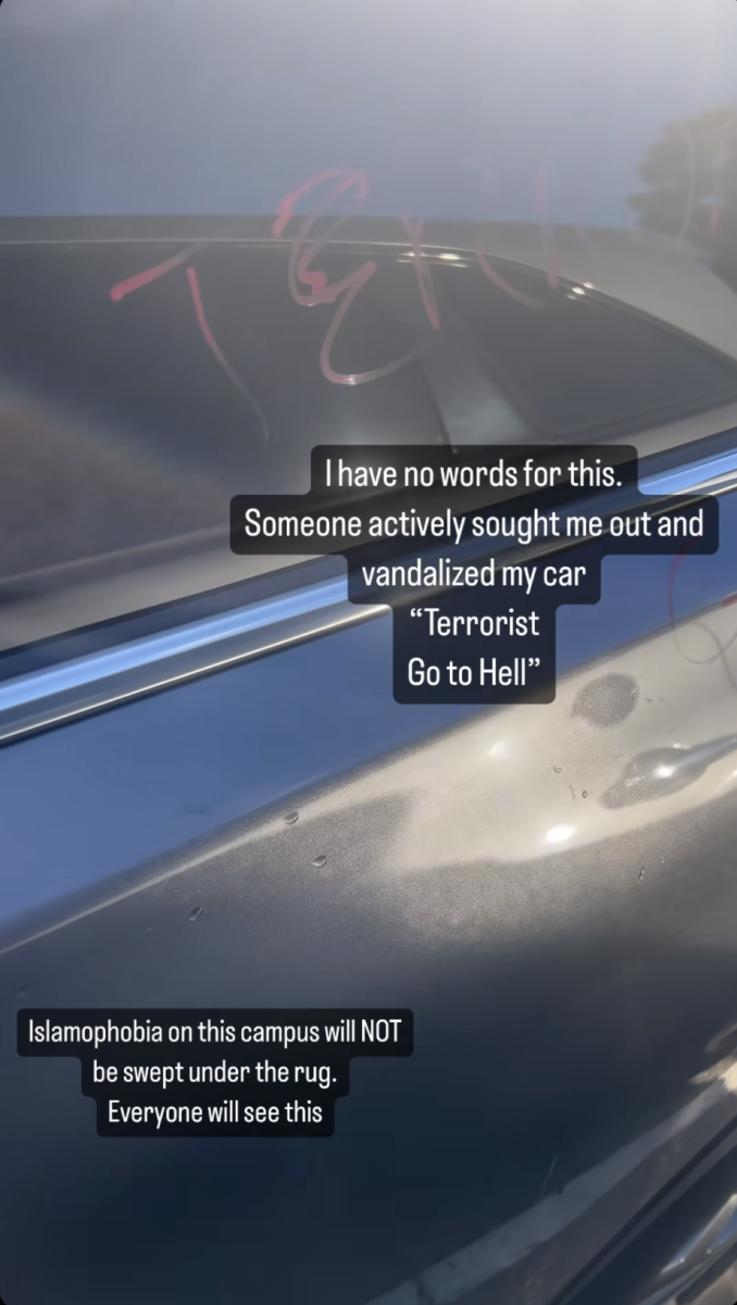 A+screenshot+of+Sarah+Elbaroudys+Instagram+story+showing+her+defaced+vehicle.+Terrorist.+Go+to+Hell+was+written+on+her+car.+++SARAH+ELBAROUDY%2FTHE+STATESMAN+