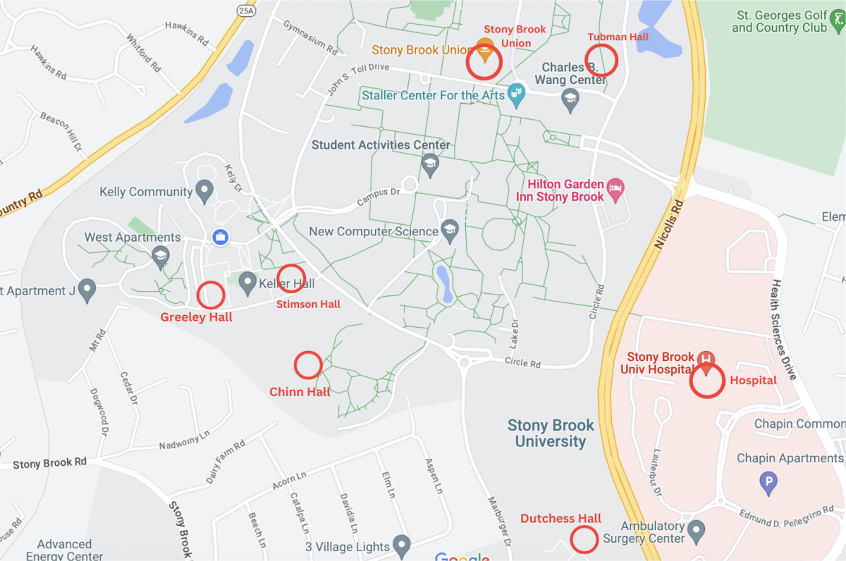 A map of Stony Brook University marked with the locations of crimes that occurred on campus from Friday, Oct. 20 to Sunday Oct. 29. ILLUSTRATED BY BRITTNEY DIETZ/THE STATESMAN