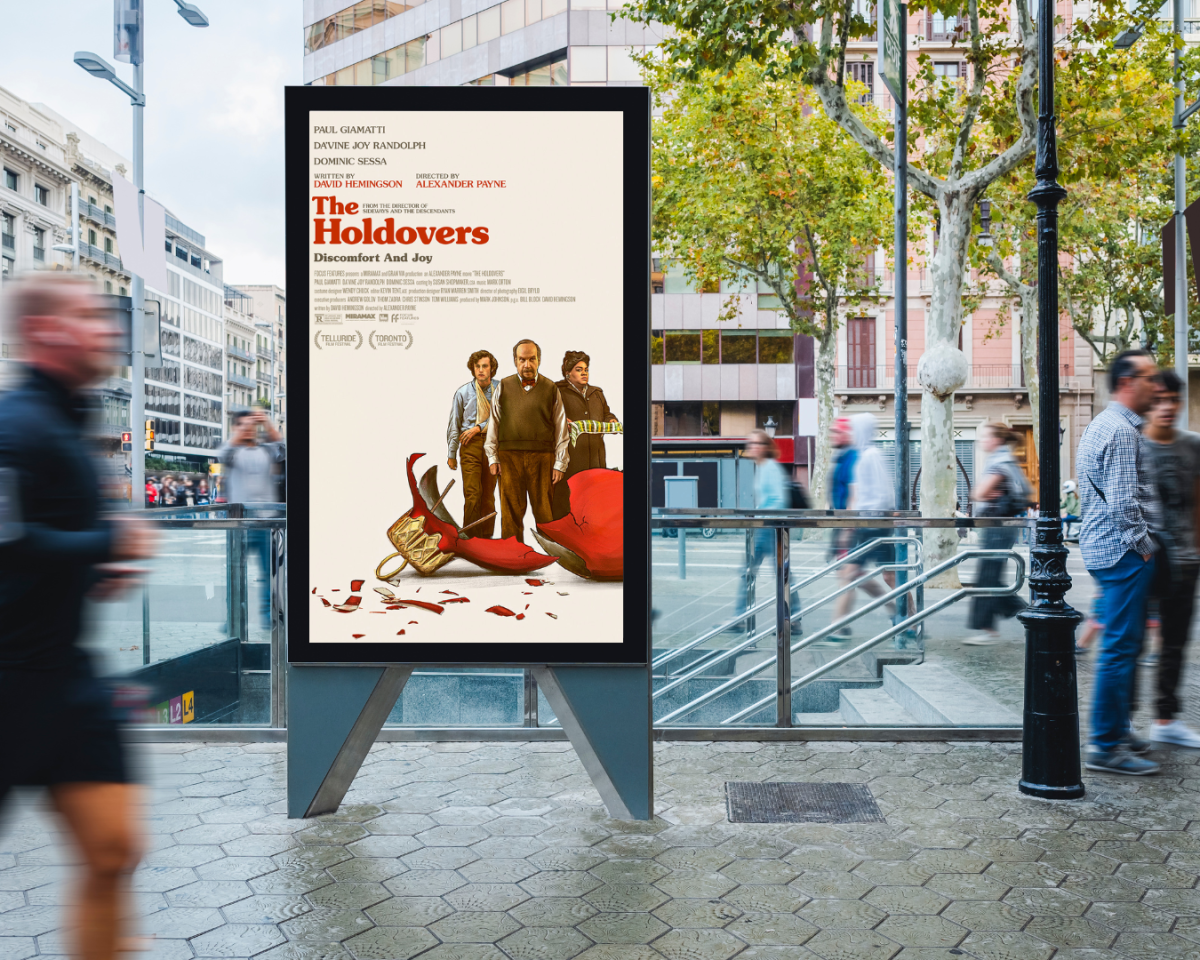 A graphic showing the official film poster of The Holdovers in a public setting. ILLUSTRATED BY JERRY WEINTRAUB/THE STATESMAN