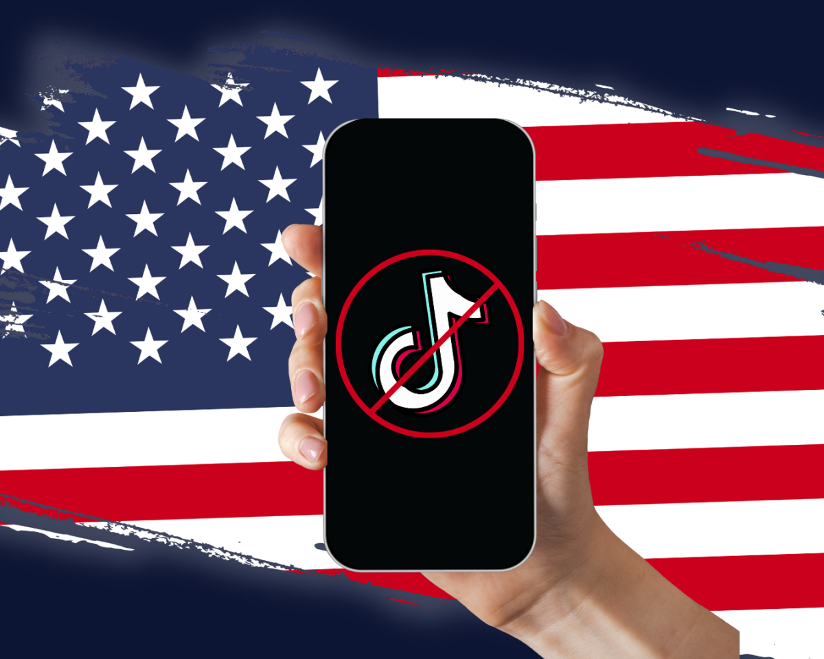 A graphic showing a phone screen canceling the TikTok logo with the American flag in the background. ILLUSTRATED BY BRITTNEY DIETZ/THE STATESMAN