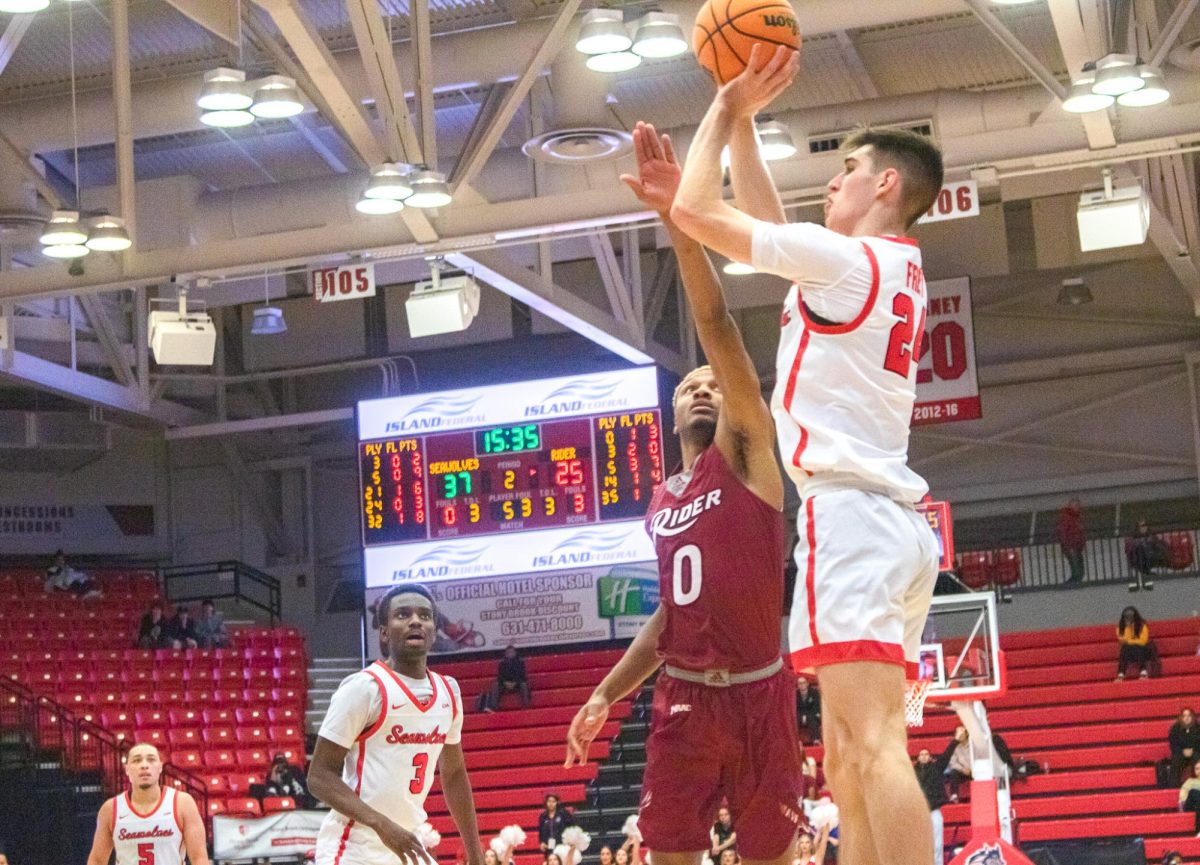 Shooting guard Jared Frey takes a three-pointer from the corner against Rider on Monday, Nov. 20. Frey made the Stony Brook mens basketball teams only three-pointer on Monday. CHRISTOPHER SCHULZ/THE STATESMAN
