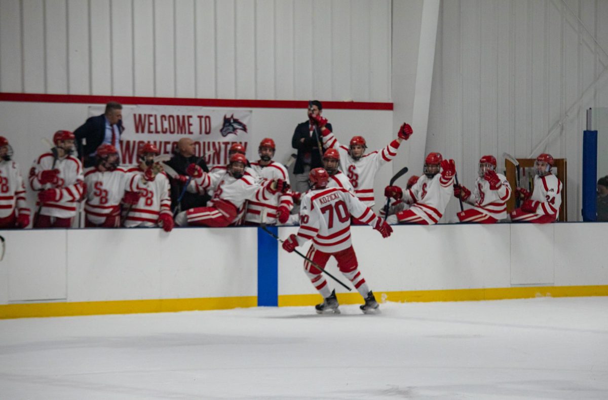 Center James Kozicki (70) celebrates his goal with his teammates on the sideline against Delaware on Dec. 2, 2023. The Stony Brook hockey team returns to action this weekend against the Blue Hens. ANGELINA LIVIGNI/THE STATESMAN