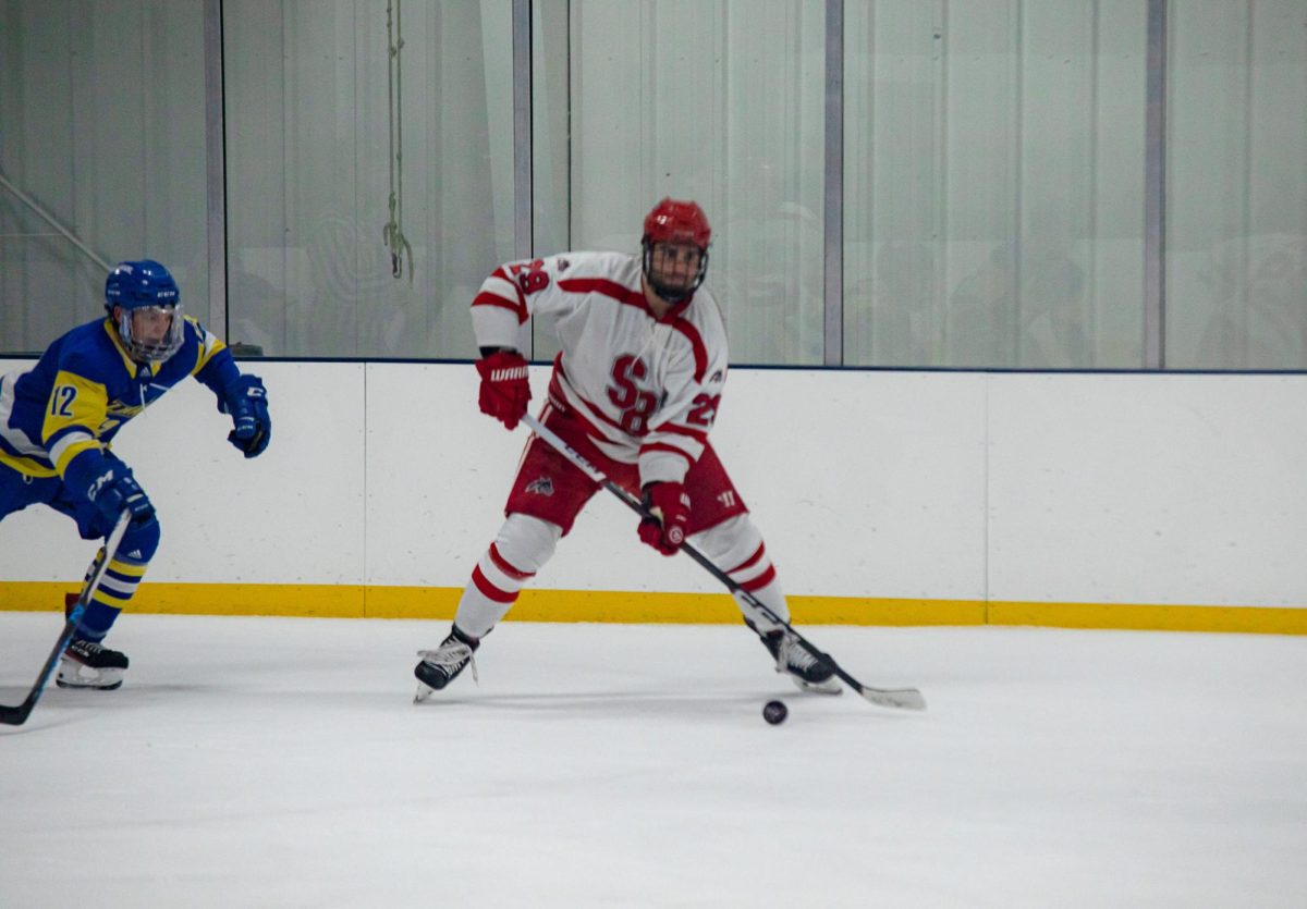 Left winger Matt Minerva looks to pass the puck against Delaware on Dec. 2, 2023. Minerva scored the first shootout goal in the Stony Brook hockey teams shootout victory this past weekend. ANGELINA LIVIGNI/THE STATESMAN