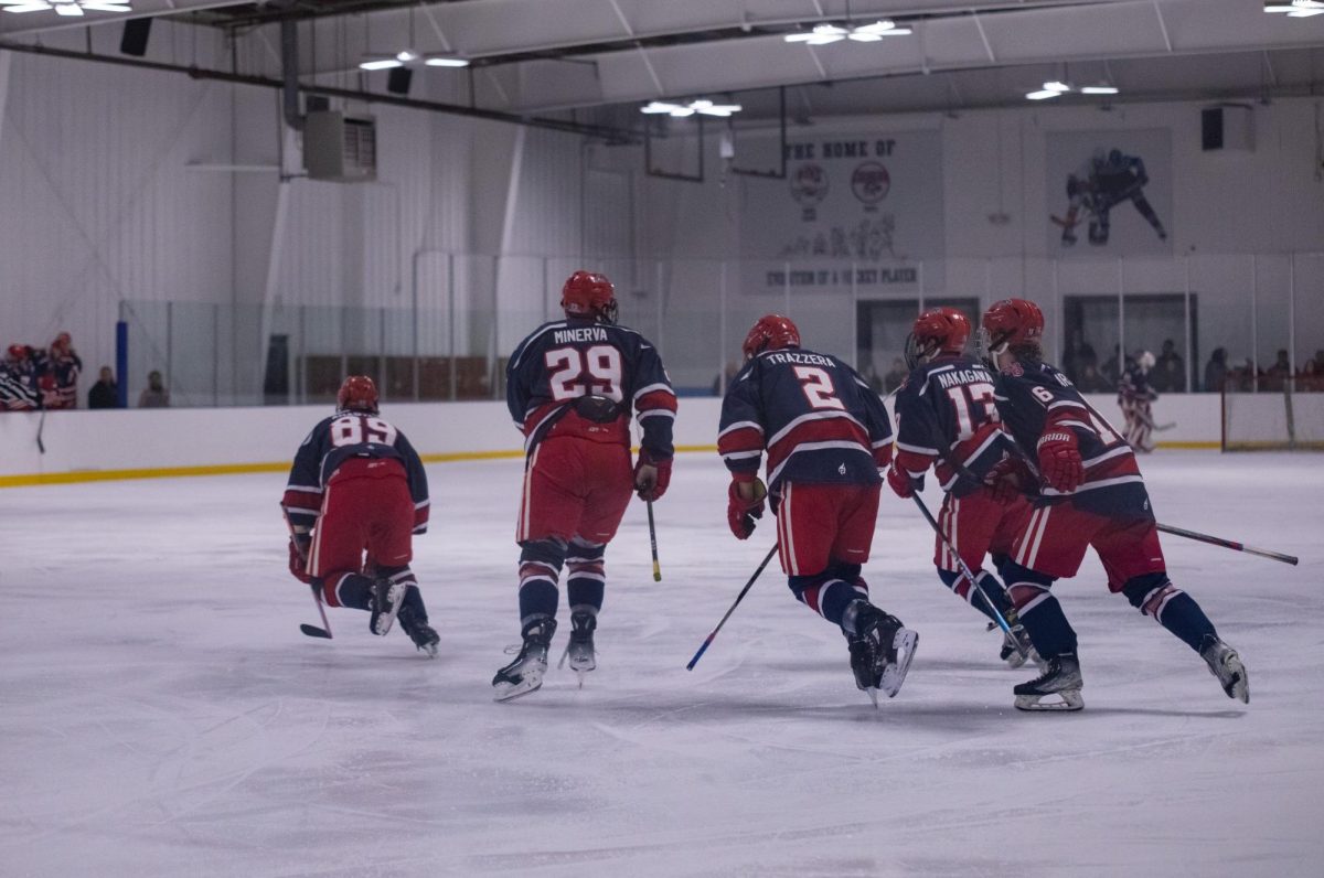The Stony Brook hockey teams top line of forwards and defensemen skate back to the sideline after a goal on Saturday, Jan. 27. The Seawolves will need them to show up big this weekend at Rhode Island. MACKENZIE YADDAW/THE STATESMAN