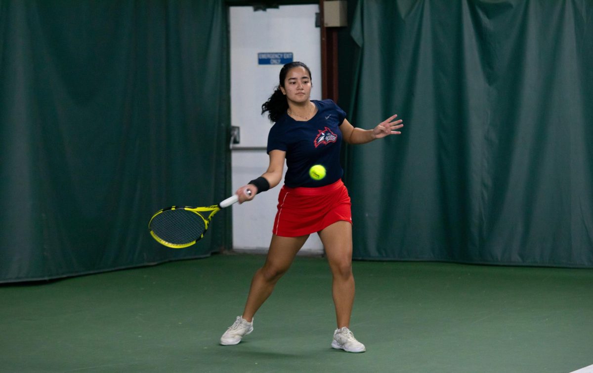 Kristi Boro returns a serve in practice on Monday, Jan. 29. Boro won eight games during her singles match on Friday, which was the most on the Stony Brook womens tennis team. BRITTNEY DIETZ/THE STATESMAN