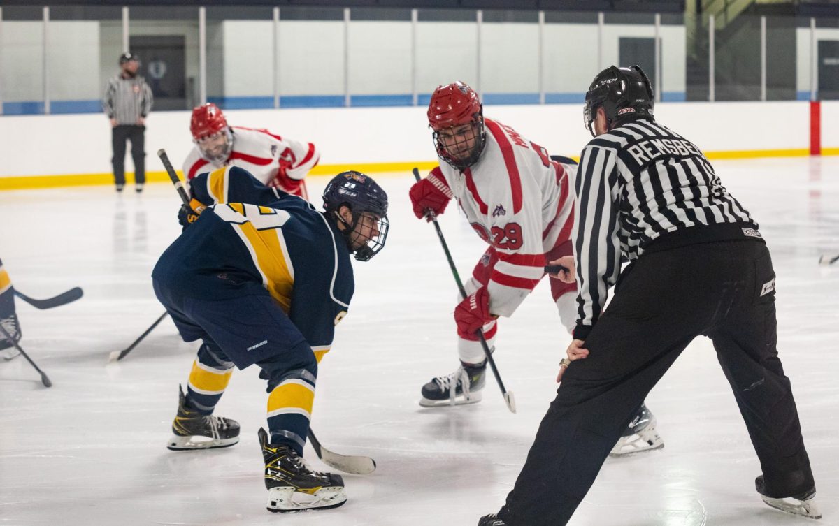 Left winger Matt Minerva (29) prepares to take a faceoff while right winger Kyle DePalma (47) gets ready to receive the draw against Drexel on Thursday, Feb. 15. Minerva scored his 15th goal of the year on Friday at New York University. ANGELINA LIVIGNI/THE STATESMAN