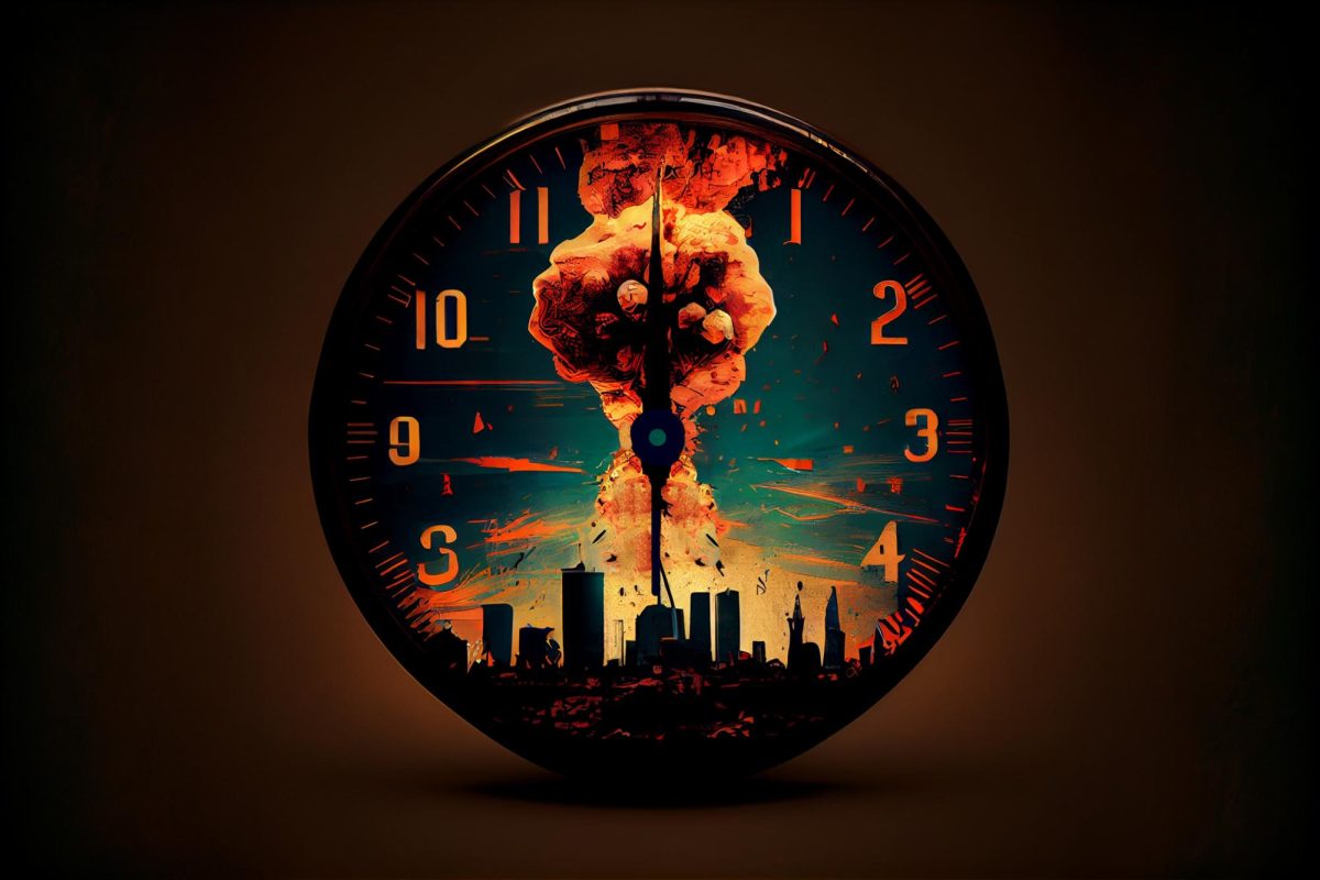  A generated AI image of a Doomsday clock showing 90 seconds to midnight against nuclear war background. CKYBE - STOCK.ADOBE.COM
