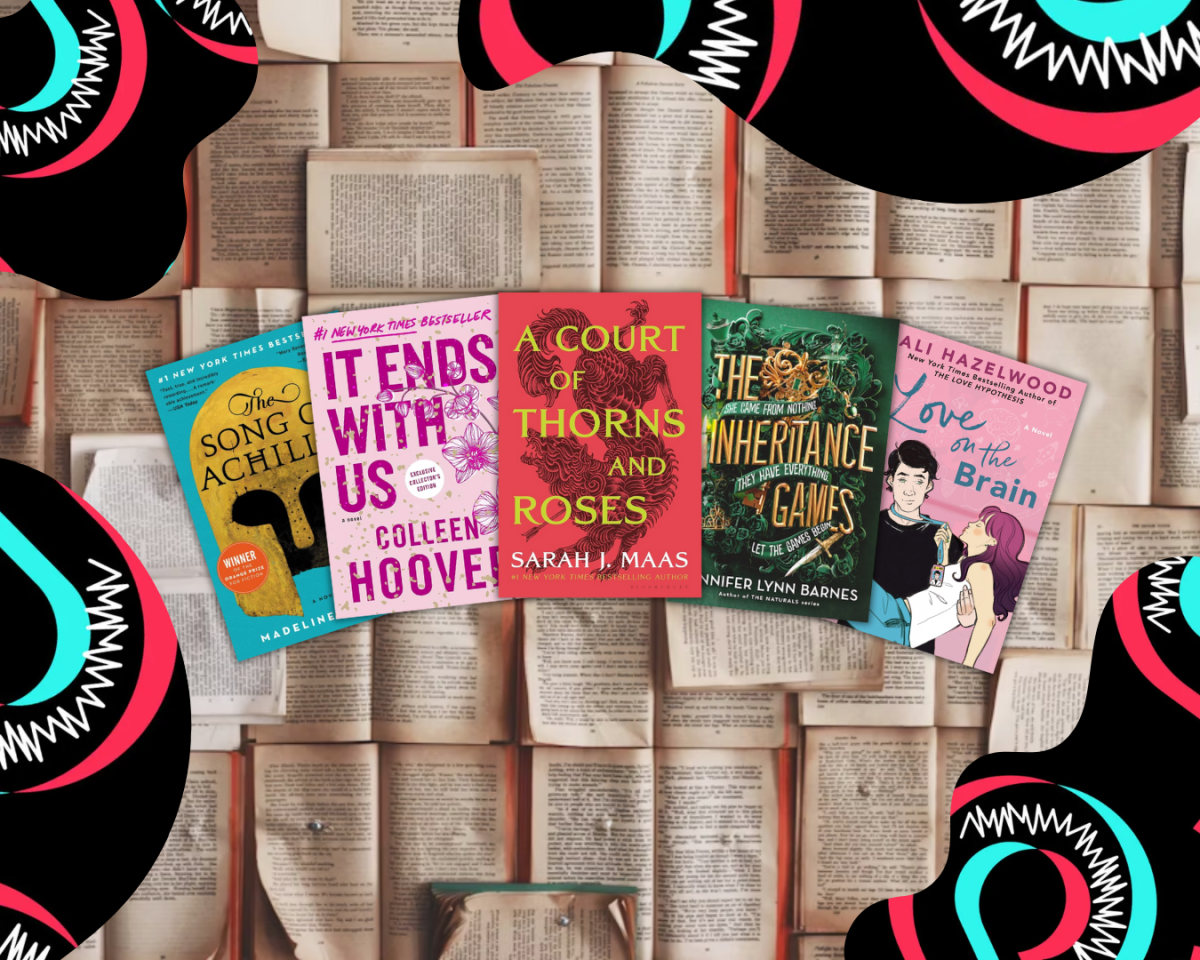 A graphic displaying a collage of popular novels on a background of book pages with TikTok elements. ILLUSTRATED BY JERRY WEINTRAUB/THE STATESMAN