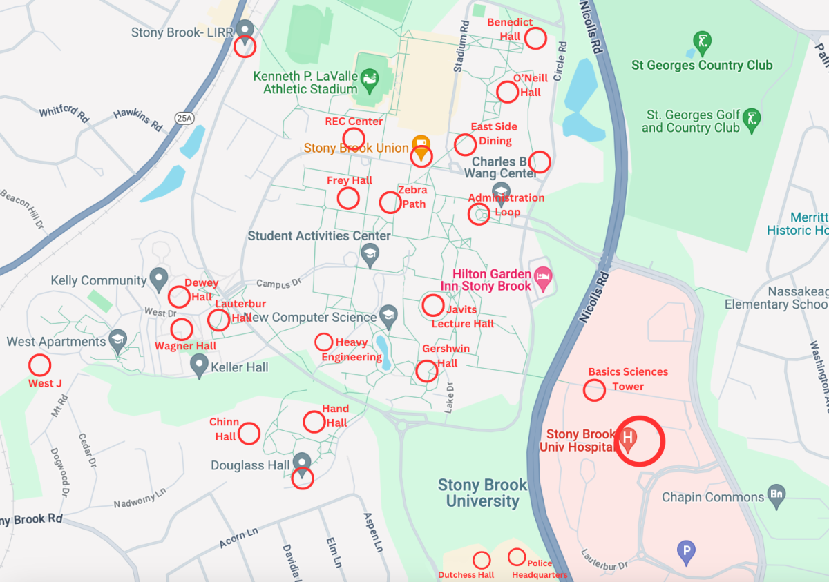 A map of Stony Brook University marked with the locations of crimes that occurred on campus from Friday, Oct. 20 to Sunday Oct. 29. ILLUSTRATED BY BRITTNEY DIETZ/THE STATESMAN