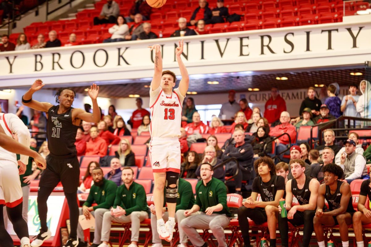 Point guard Dean Noll shoots a three-pointer against William & Mary on Saturday, Feb. 24. Noll had the best game of his Stony Brook career in a loss to Drexel on Thursday night. ANGELINA LIVIGNI/THE STATESMAN