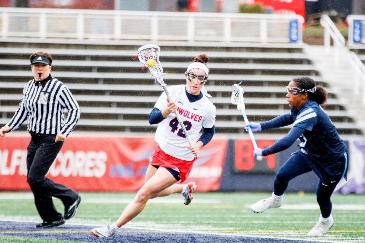 Defender Clare Levy clears the ball against Villanova on Saturday, March 2. Levy scored a career-high two goals on Saturday at Towson while collecting four ground balls and two caused turnovers. STANLEY ZHENG/THE STATESMAN