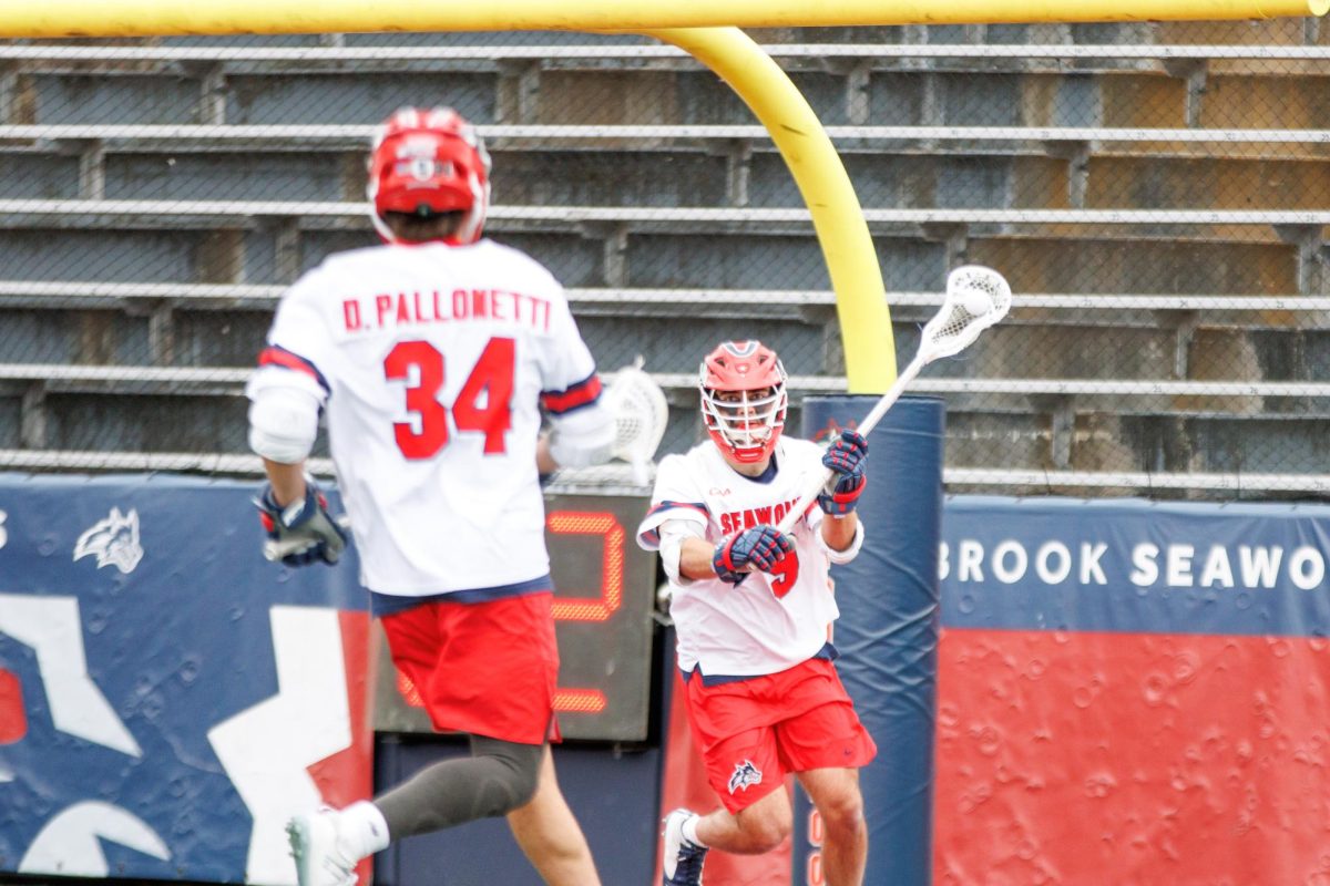 Attackman Will Button passes the ball to attackman Dylan Pallonetti against Drexel on Saturday, April 6. The two will be crucial for the Stony Brook mens lacrosse teams offense against the best defense in the conference.