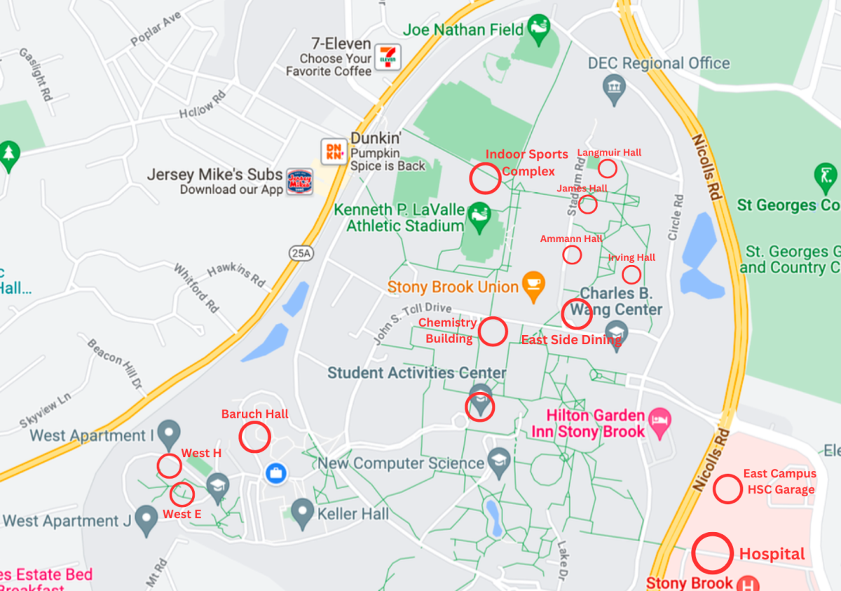 A map of Stony Brook University marked with the locations of crimes that occurred on campus from Friday, April 2 to Sunday April 8. ILLUSTRATED BY BRITTNEY DIETZ/THE STATESMAN