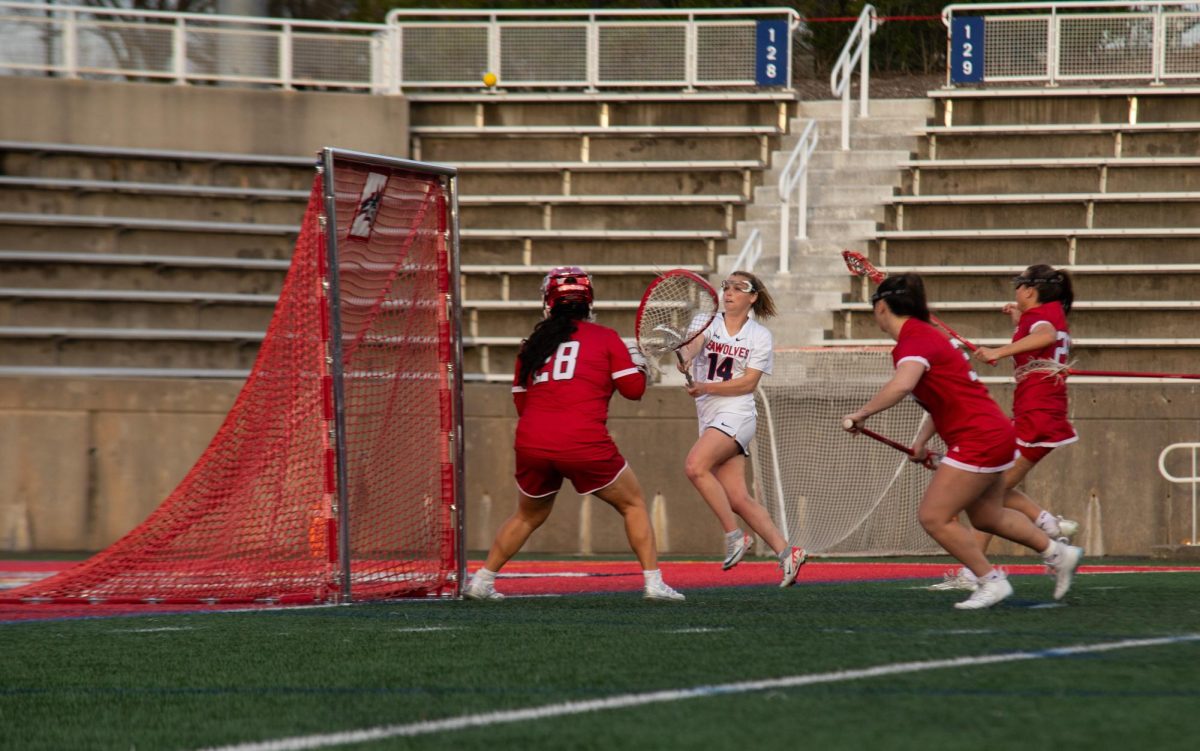 Attacker Kailyn Hart takes a shot against Rutgers on Tuesday, April 9. Hart led the team with five goals against William & Mary on Thursday. BRITTNEY DIETZ/THE STATESMAN