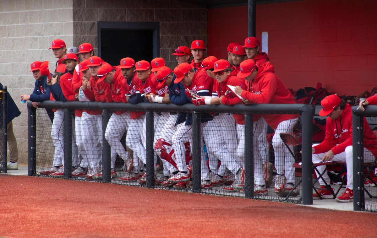 The Stony Brook baseball team watches the Fordham game from the dugout on Wednesday, March 27. The Seawolves will host Charleston for a three-game series this weekend. BRITTNEY DIETZ/THE STATESMAN