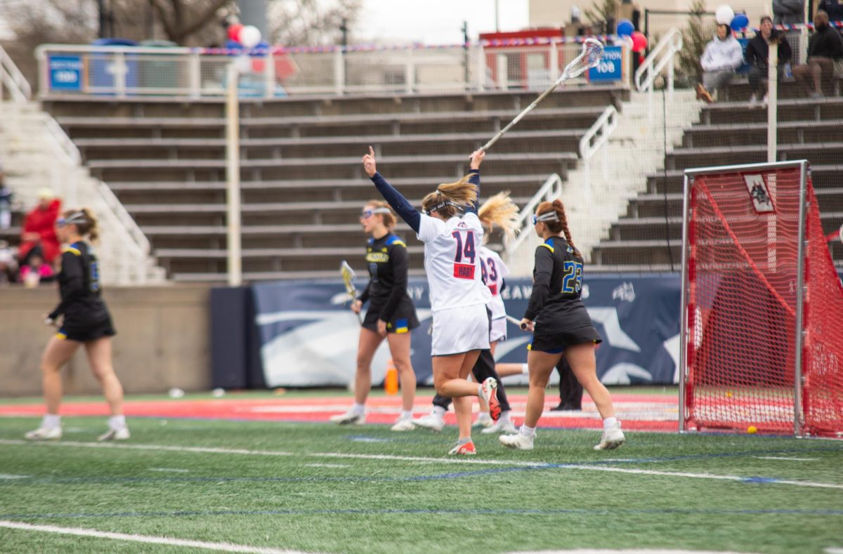 Attacker Kailyn Hart celebrates after scoring a goal against Delaware on Saturday, April 6. Hart set a single-game, career-high by netting seven goals in the Stony Brook womens lacrosse teams 17-4 win. MACKENZIE YADDAW/THE STATESMAN