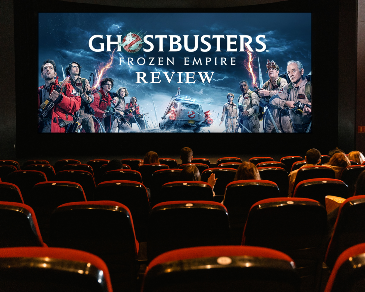A graphic illustrating the Ghostbusters Frozen Empire film being screened at a movie theater. ILLUSTRATED BY JERRY WEINTRAUB/THE STATESMAN