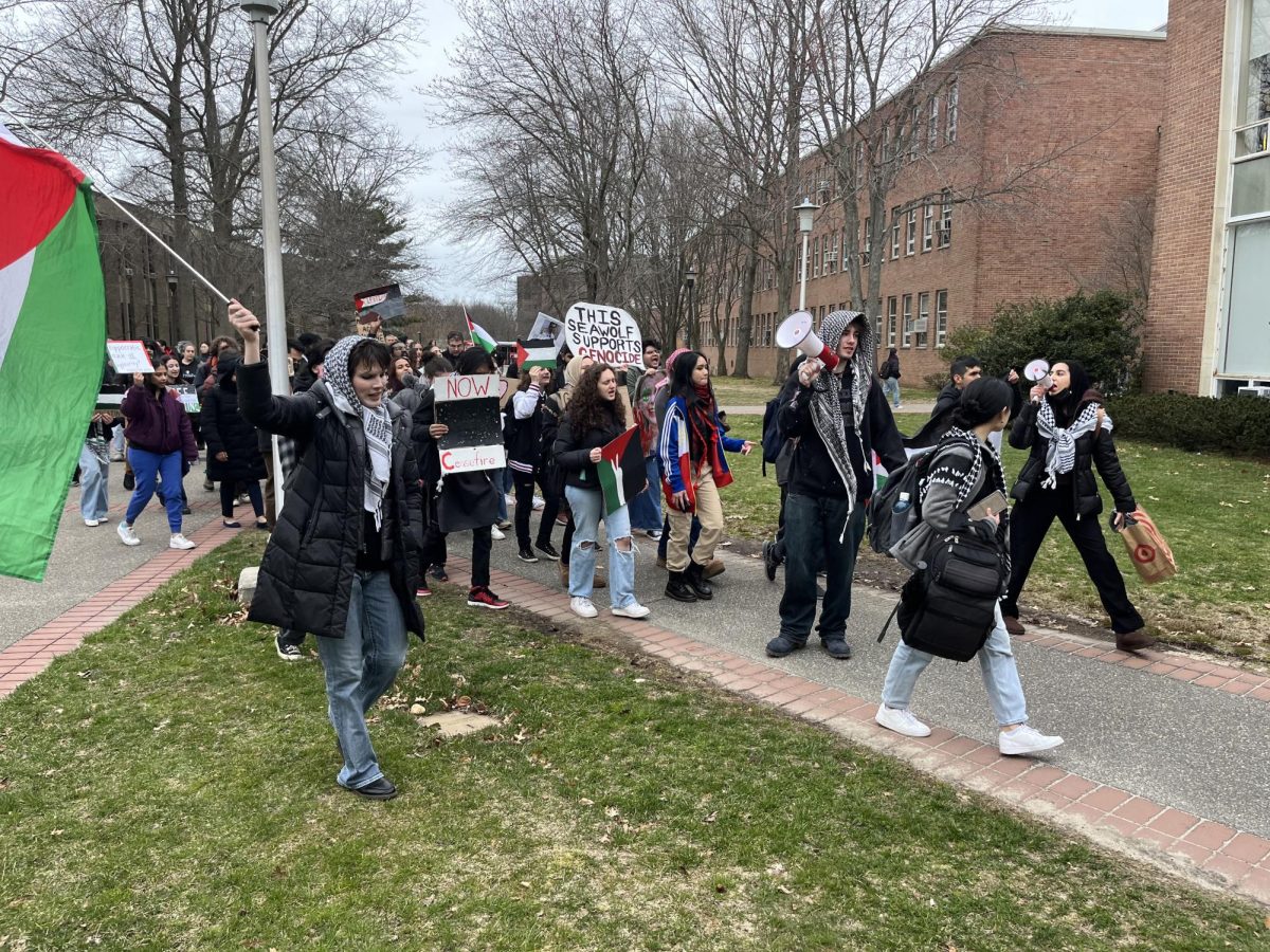 Students participating in a Pro-Palestine demonstration on Stony Brook Universitys campus Tuesday March, 26. SKY CRABTREE/THE STATESMAN