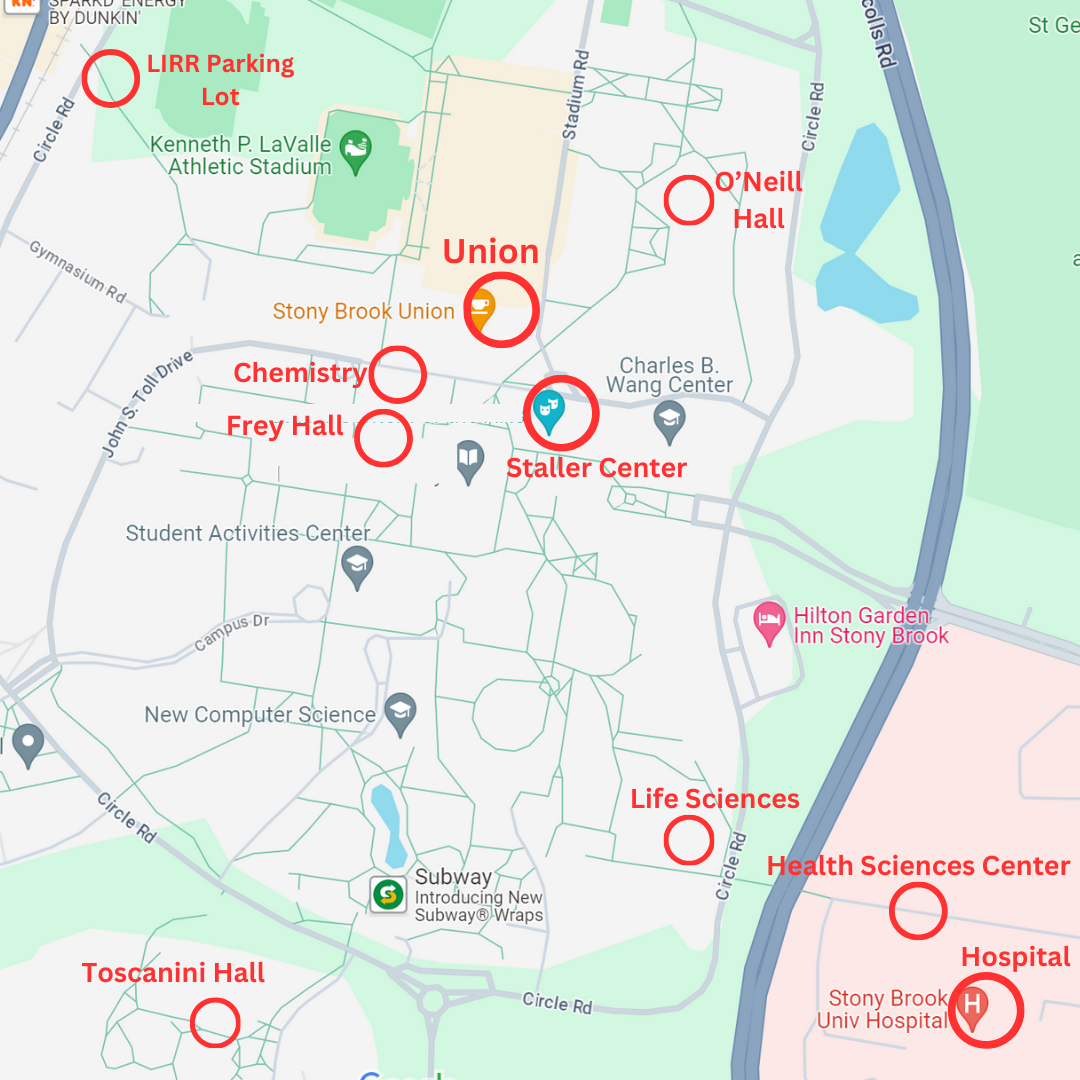 A map of Stony Brook University marked with the locations of crimes that occurred on campus from April 9 to April 13. ILLUSTRATED BY MACKENZIE YADDAW/THE STATESMAN