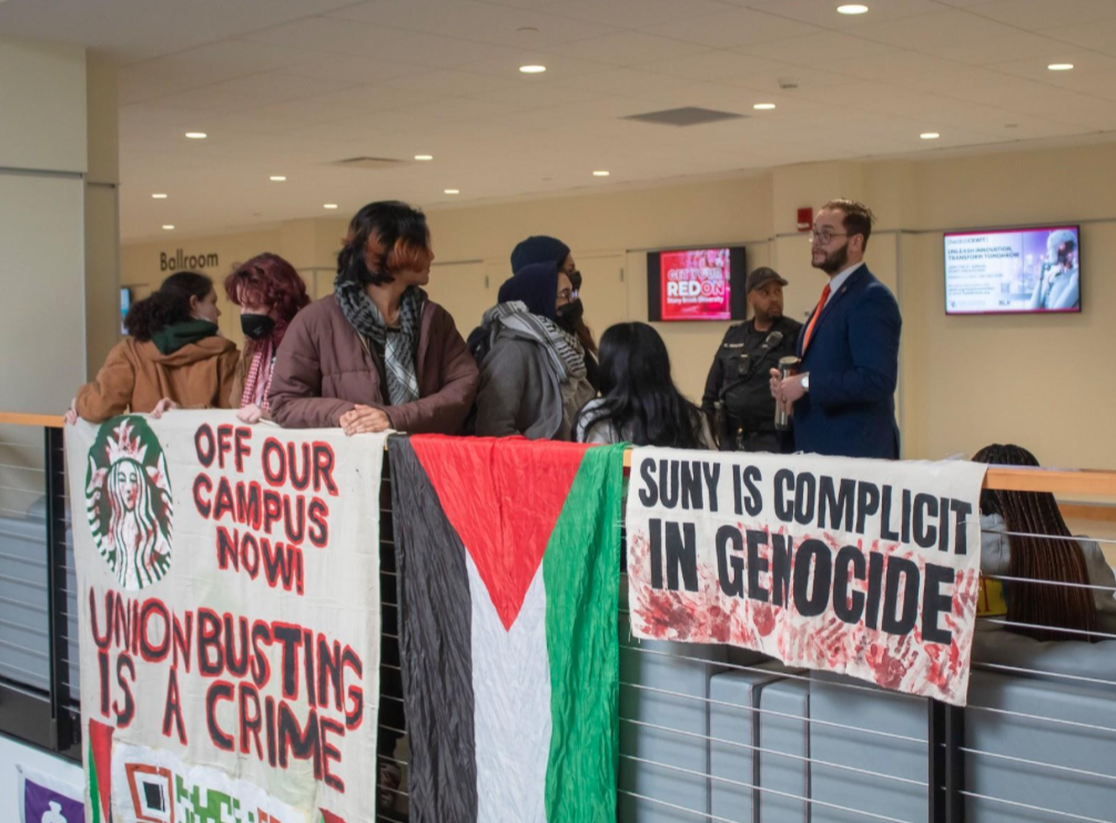 An SBU official attempts to remove pro-Palestinian protesters from the Student Union with support from UPD on --
PHOTO COURTESY OF KAYLA GOMEZ MOLANO
