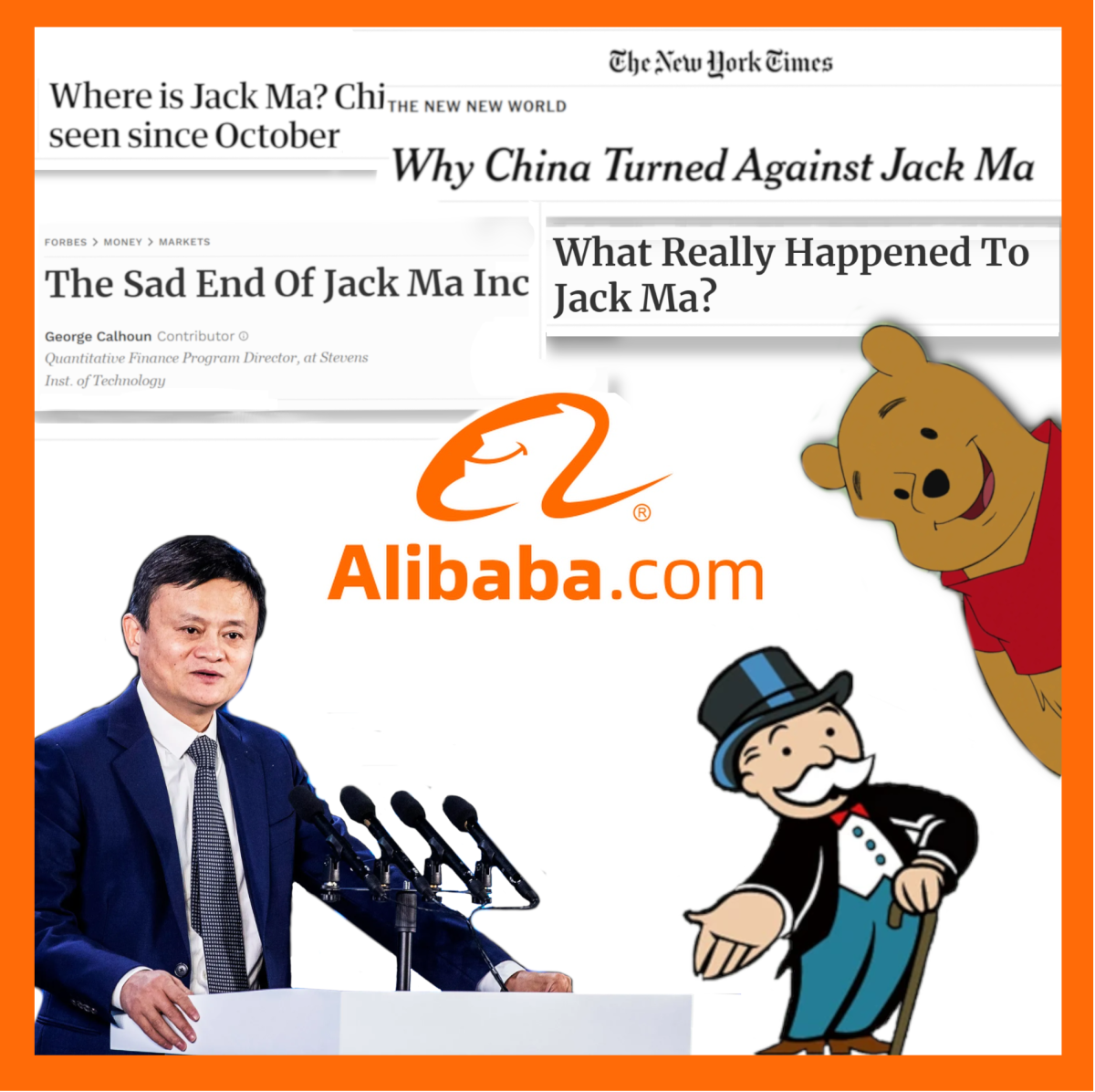 A graphic showcasing various news titles relating to Jack Ma, as well as famous characters relating to the CCP. ILLUSTRATED BY COBY NUNBERG/THE STATESMAN