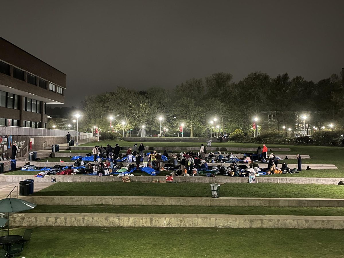 Approximately 40-50 students gather on the Staller Steps to spend the night there protesting. Students have tarps, blankets and pillows. SKY CRABTREE/THE STATESMAN
